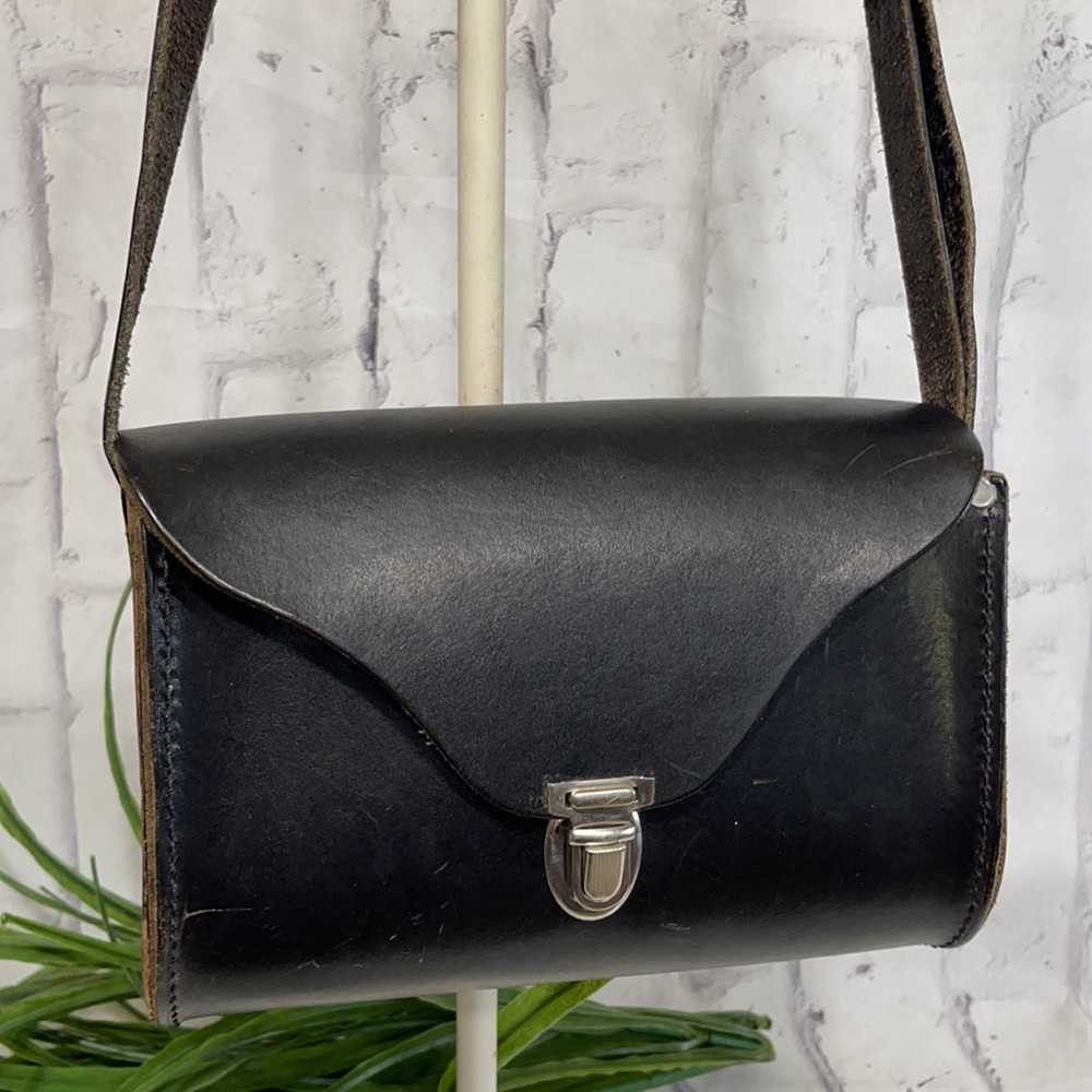 Black Raw Hard Leather Crossbody Adjustable with Silver Clasp Closure Bohemian